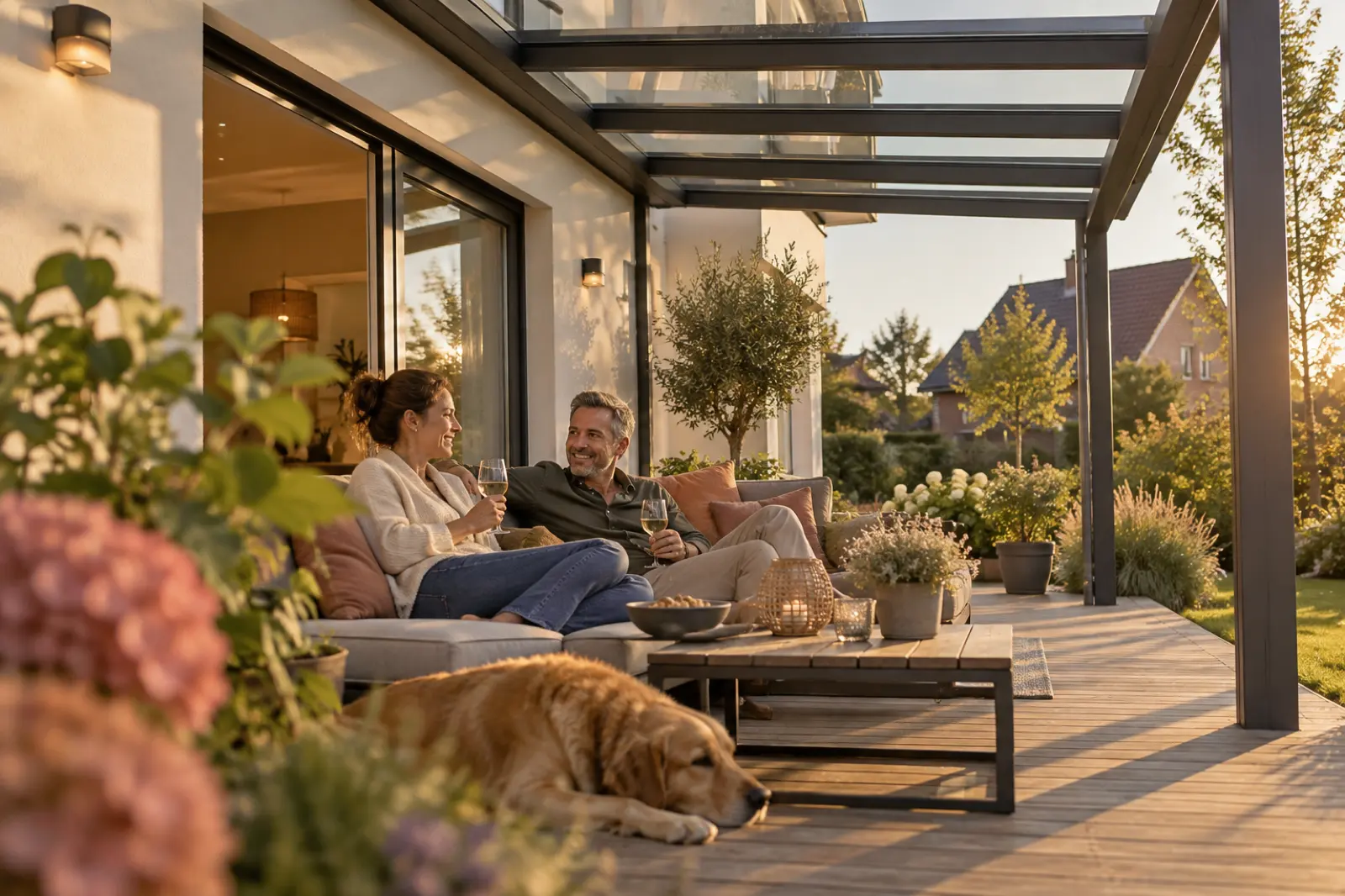 Paar entspannt unter neuer Terrassenüberdachung